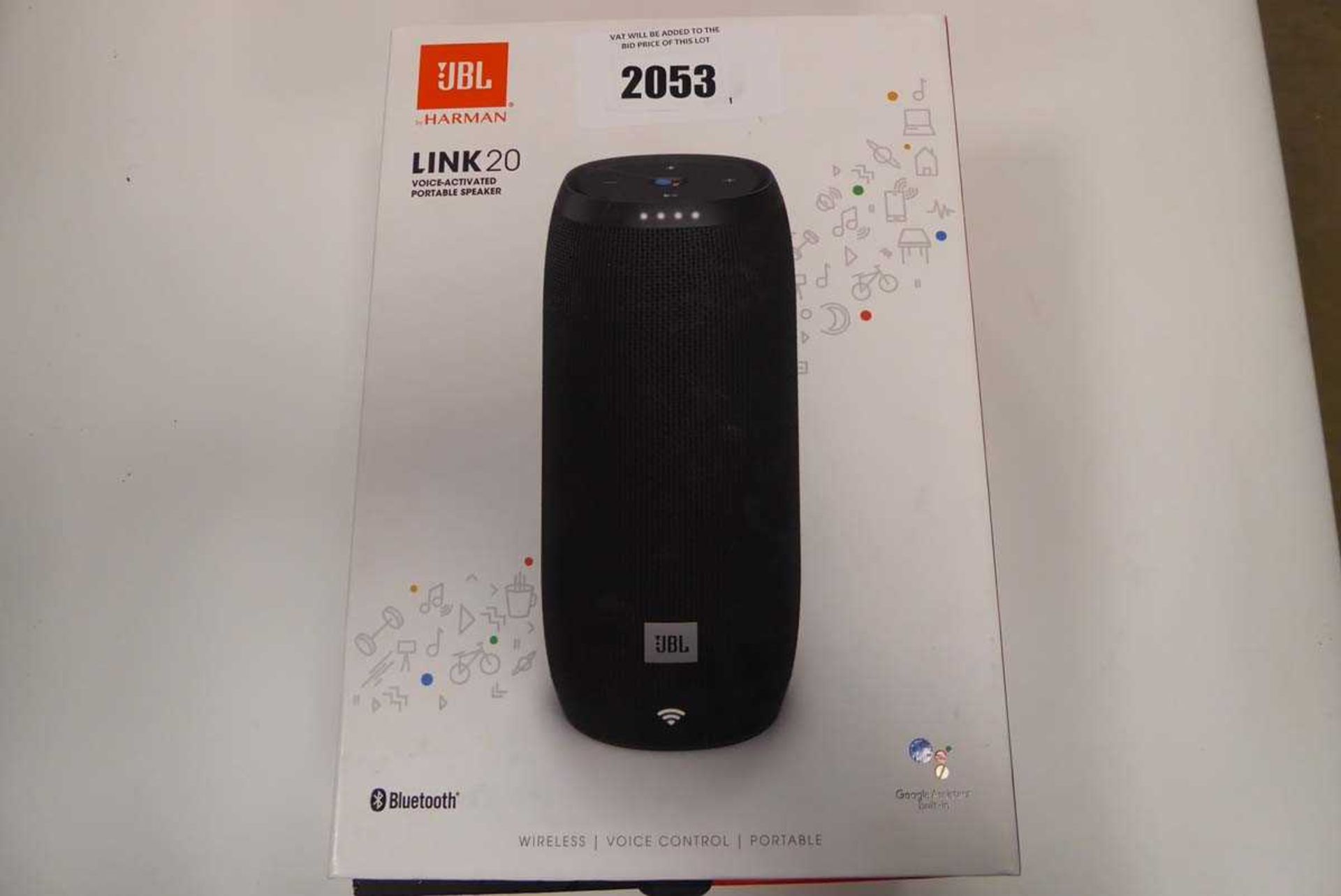 +VAT JBL link 20 voice activated portable speaker in box