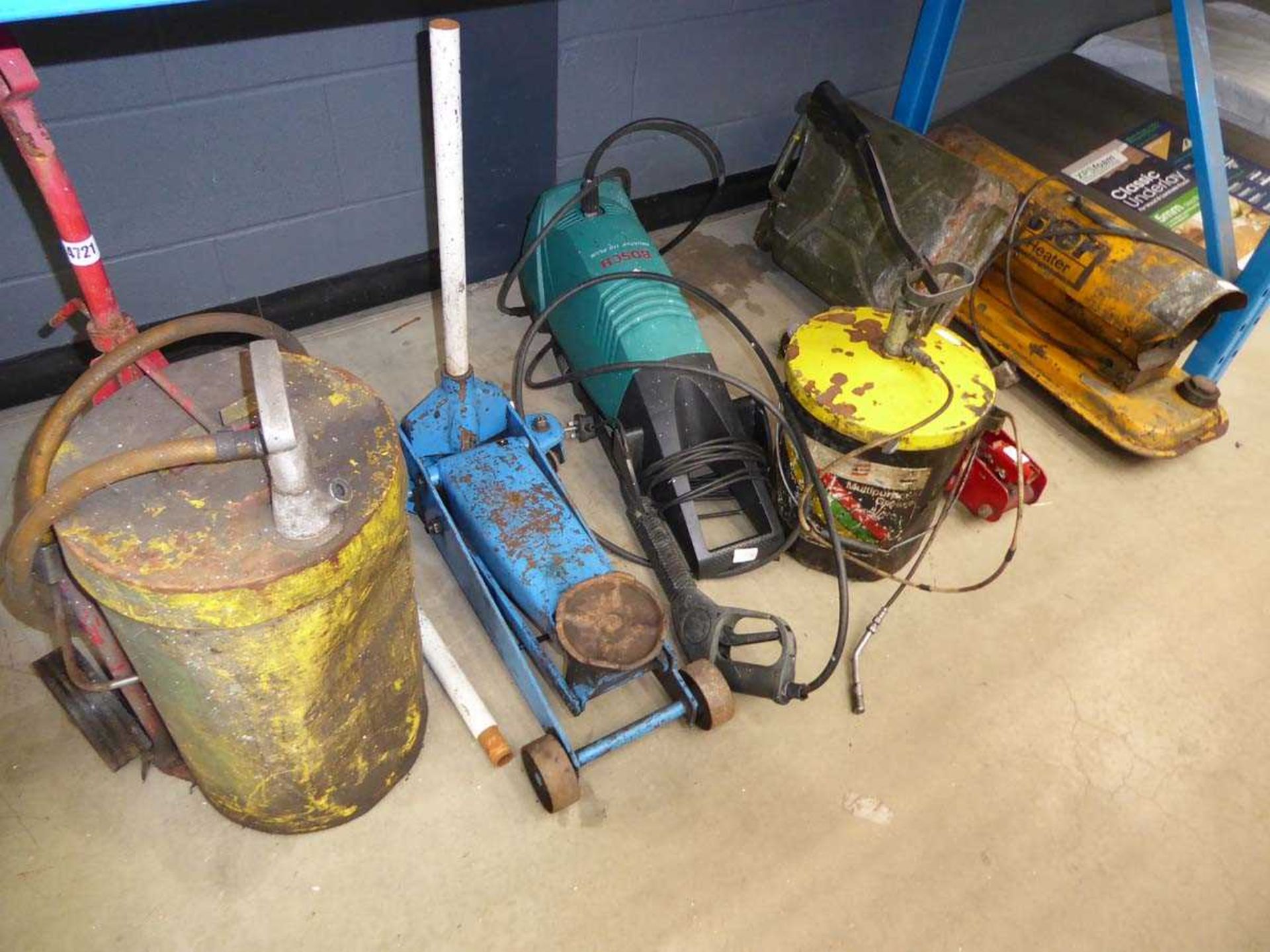 Quantity of items including grease pot, 2 x trolley jacks, pressure washer and small heater