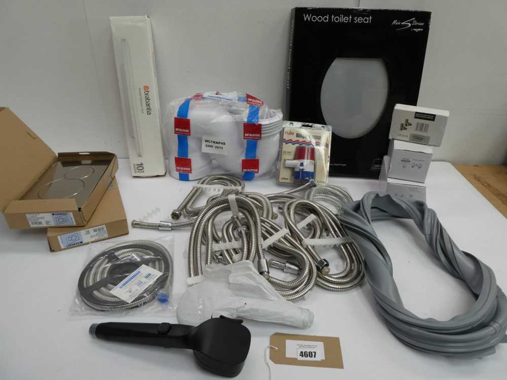 +VAT Brabantia bathroom shelf, Wood toilet seat, radiator valves, Bilge pump, shower hose & heads,