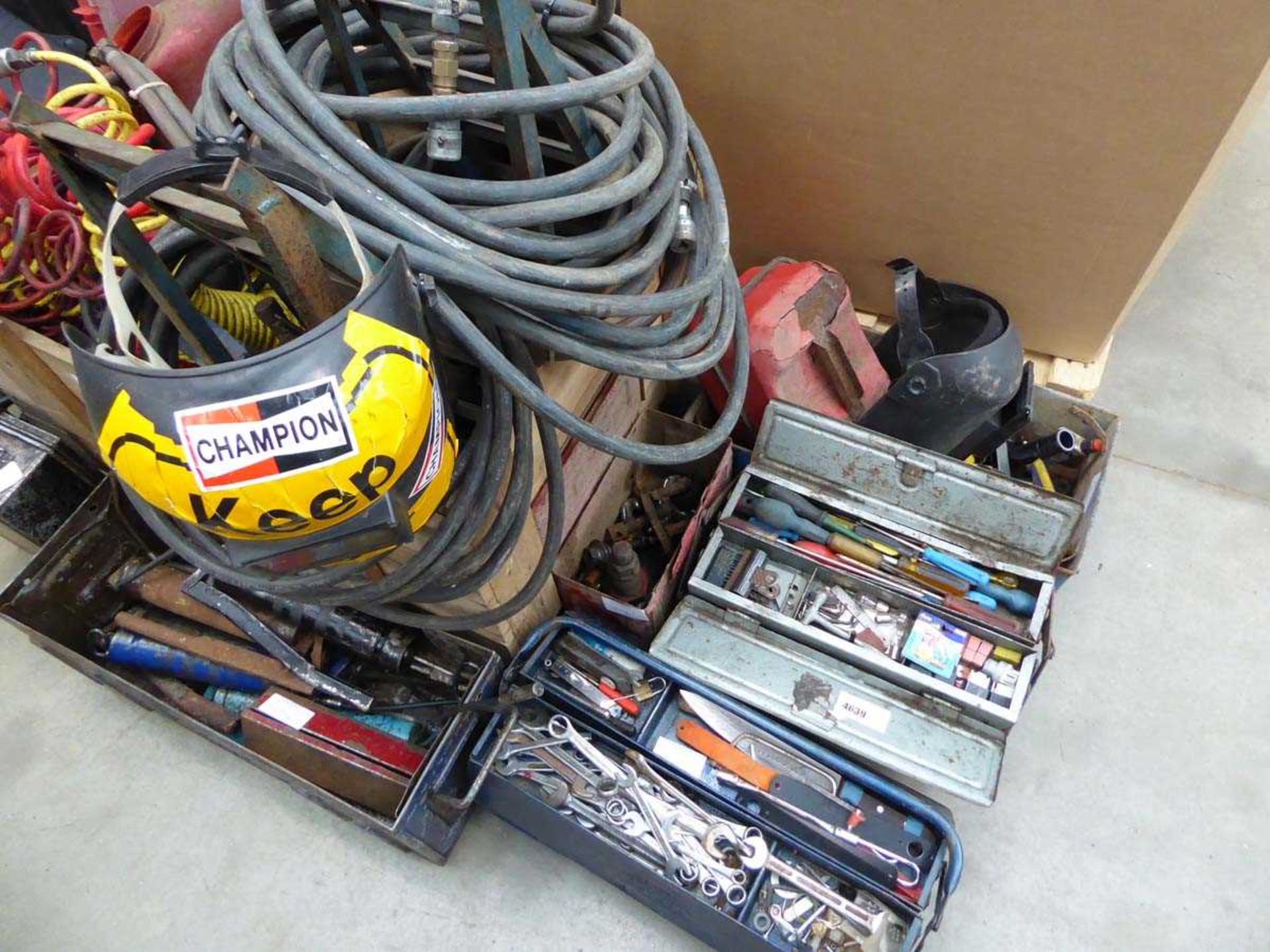 +VAT Crate containing various tools including air suzies, air hoses, car ramps and a large qty of - Image 2 of 2