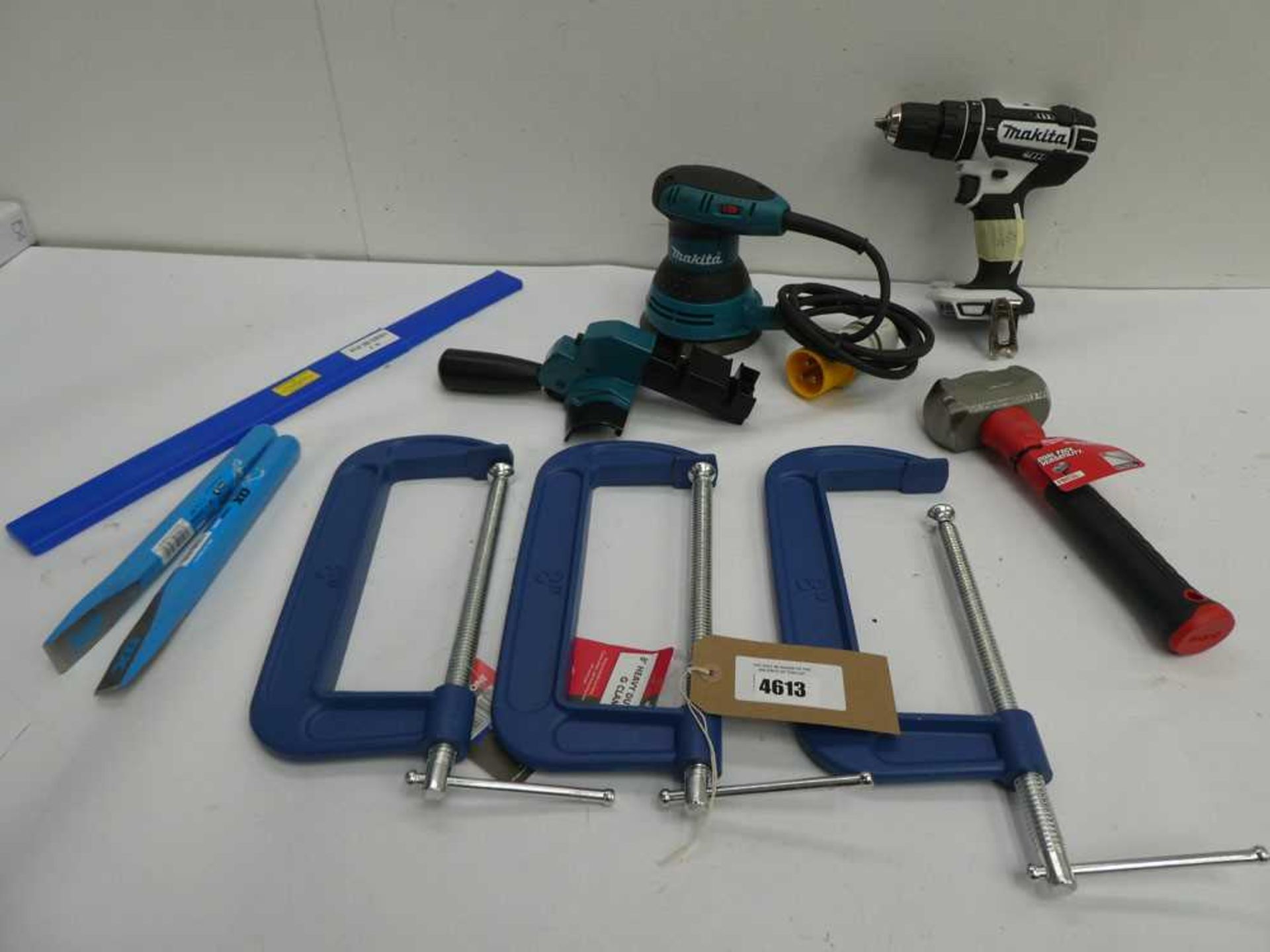 +VAT Makita drill body, Makita sander, Milwaukee club hammer, 8" G clamps, OX chisels etc