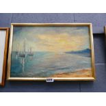 Oil on canvas - coastal scene with anchored sailing boats