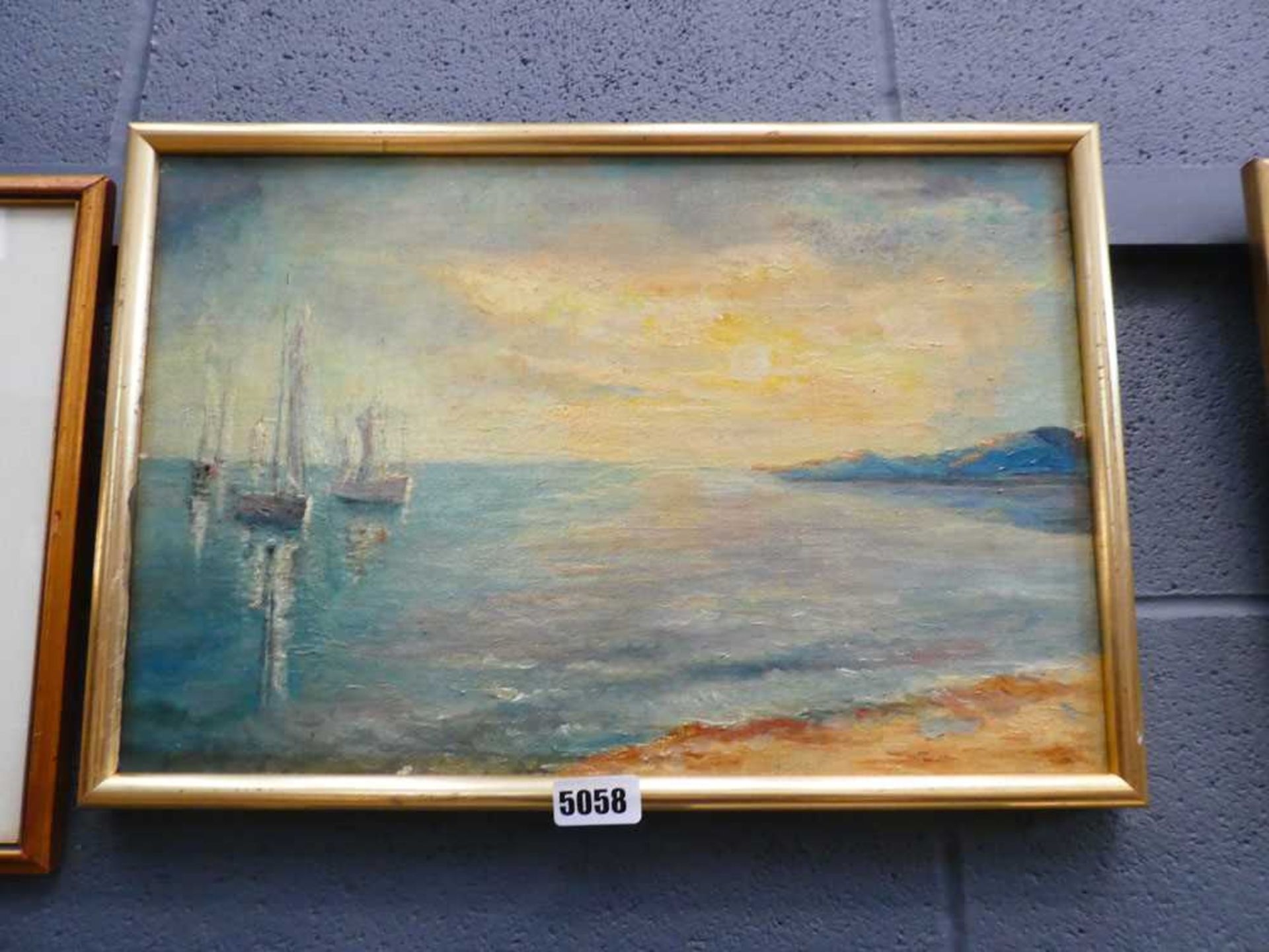 Oil on canvas - coastal scene with anchored sailing boats