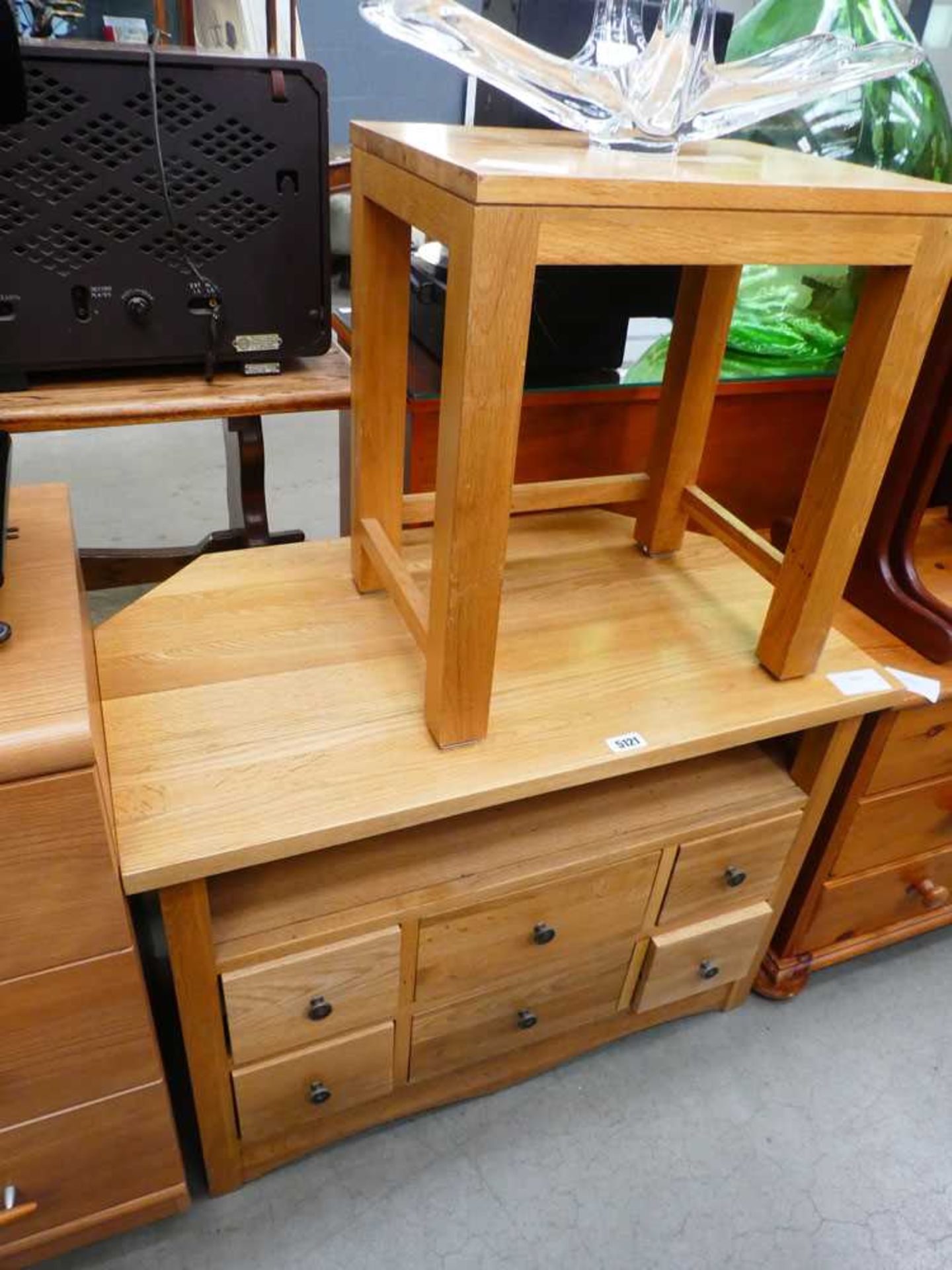 Oak TV stand with shelf and drawers under plus a side table