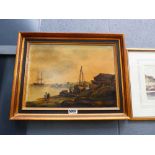 Oil on canvas - Harbour scene with fishing boats and figures
