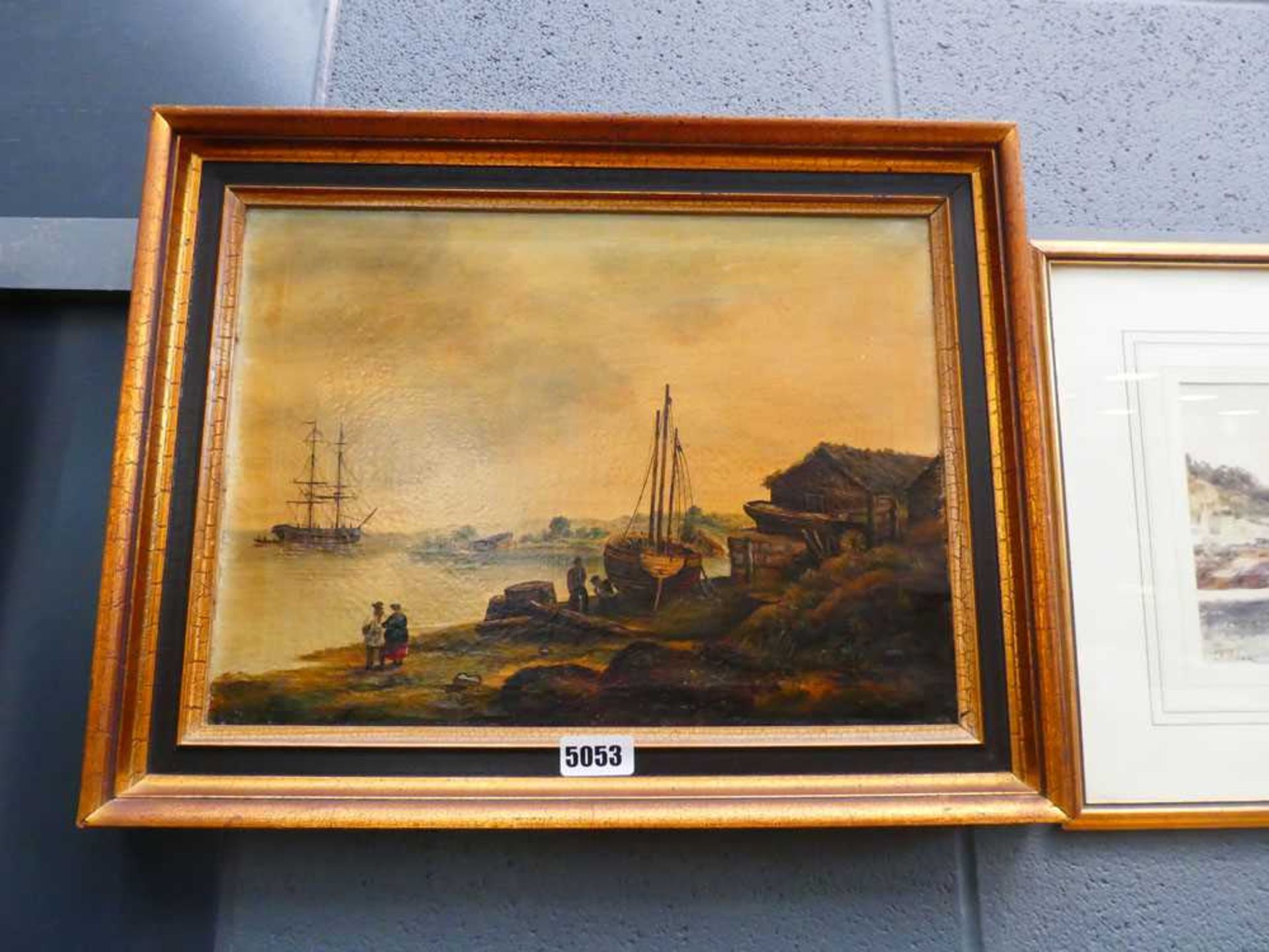 Oil on canvas - Harbour scene with fishing boats and figures