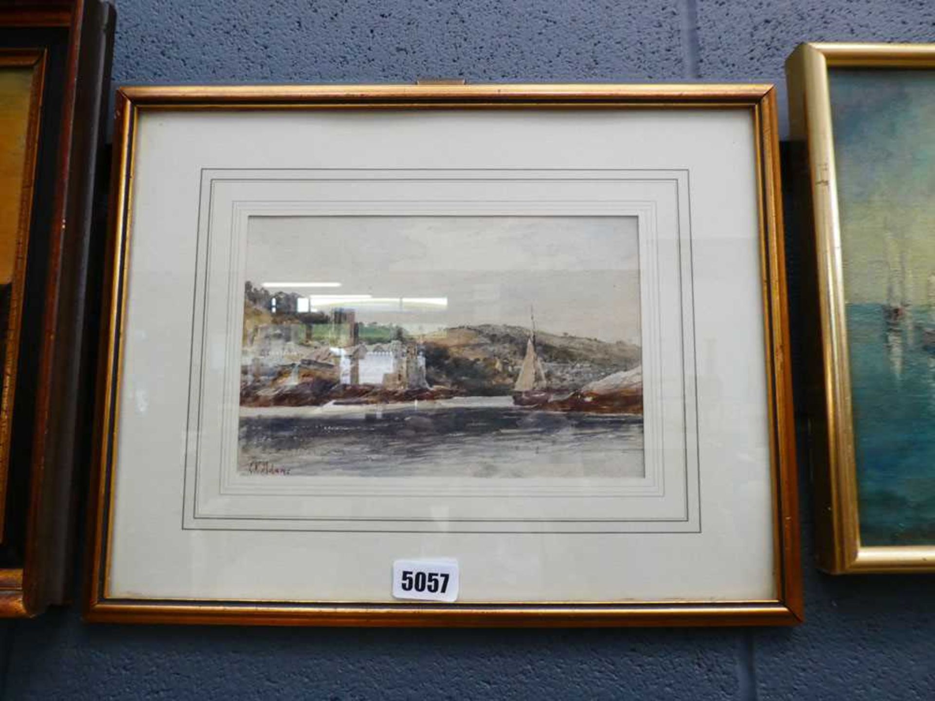 Watercolour - estuary with buildings and boat