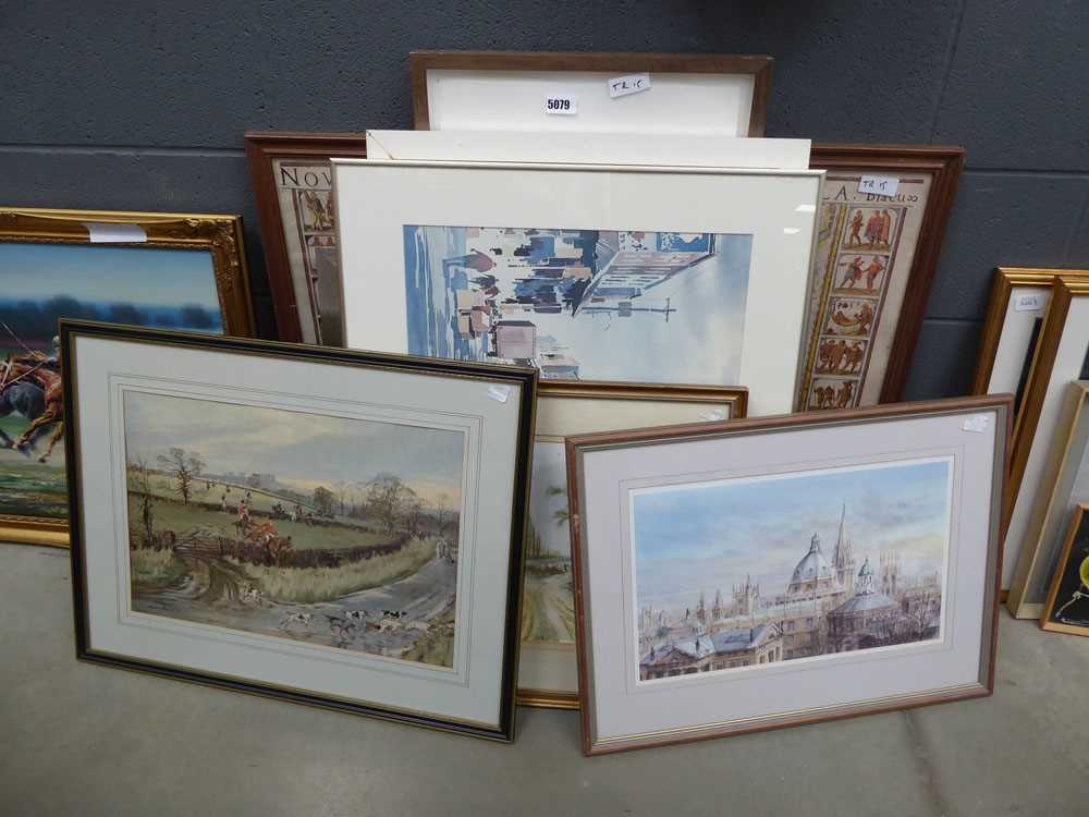 Quantity of engravings and watercolours to include Oxford skyline, huntsmen and hounds, country