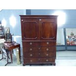 Victorian flame mahogany linen press with two over three drawers under (af)