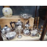 3 x copper candlesticks plus a quantity of silver plate to include teapots, jugs and a sugar bowl