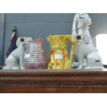 Pair of modern Staffordshire dogs plus two glazed water jugs