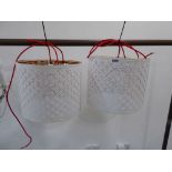 Pair of contemporary ceiling lights with fret work fabric shades