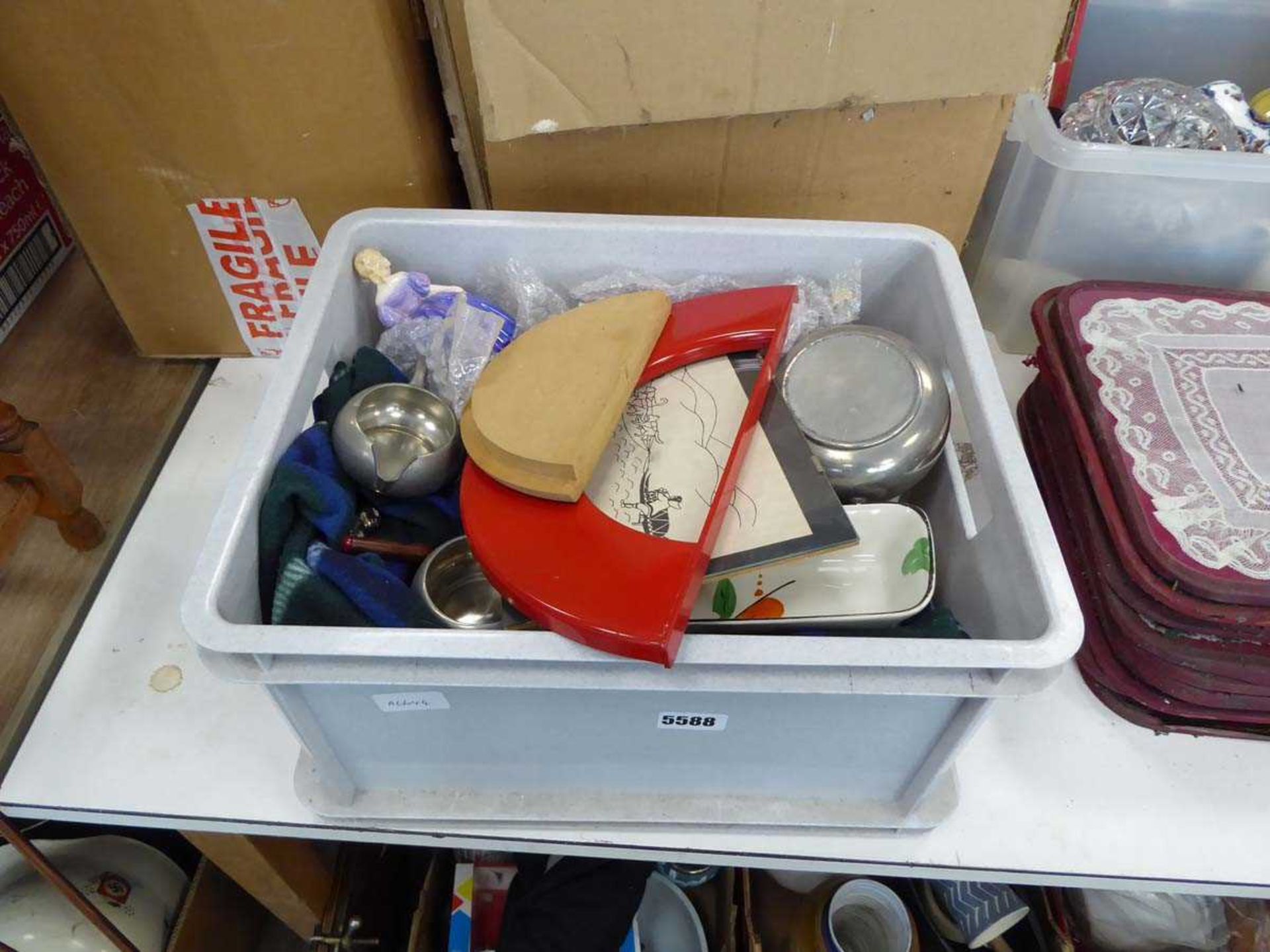 Box containing Doulton lady figure, stainless steel, pickle forks and ornaments