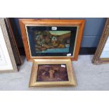 2 x prints with Victorian fishermen and child with livestock and lion