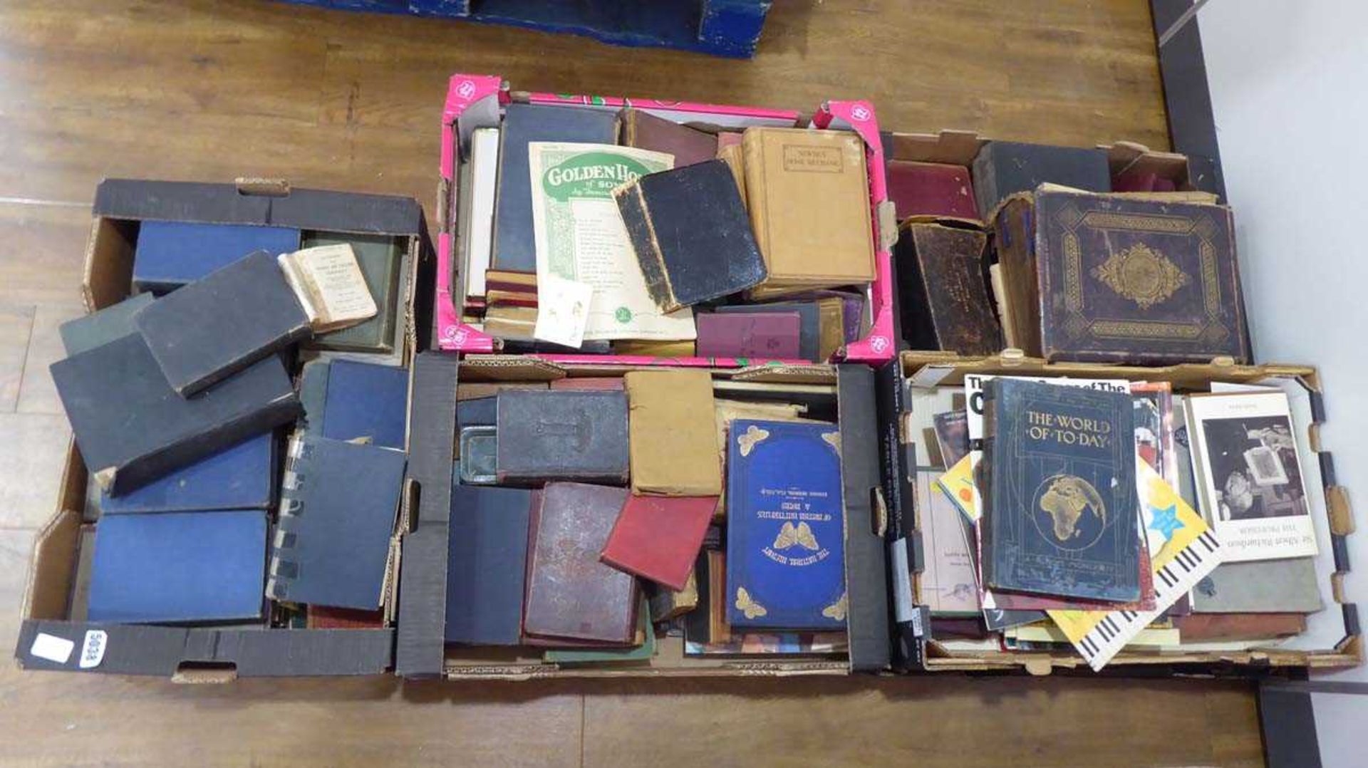 5 boxes containing antiquarian and later books including family Bible, British butterflies and