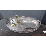 Silver plated gallery tray, pair of candlesticks and bon bon dish