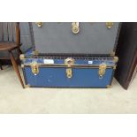 Blue painted cabin trunk with metal fittings