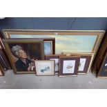 Quantity of paintings and prints to include study of lady with dog, woodland creatures, fishing boat