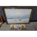 3 x comical prints of the musicians, plus a modern oil on canvas - Edwardian figures on the beach