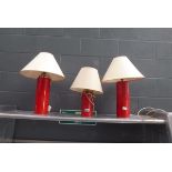 3 x red painted table lamps with shades