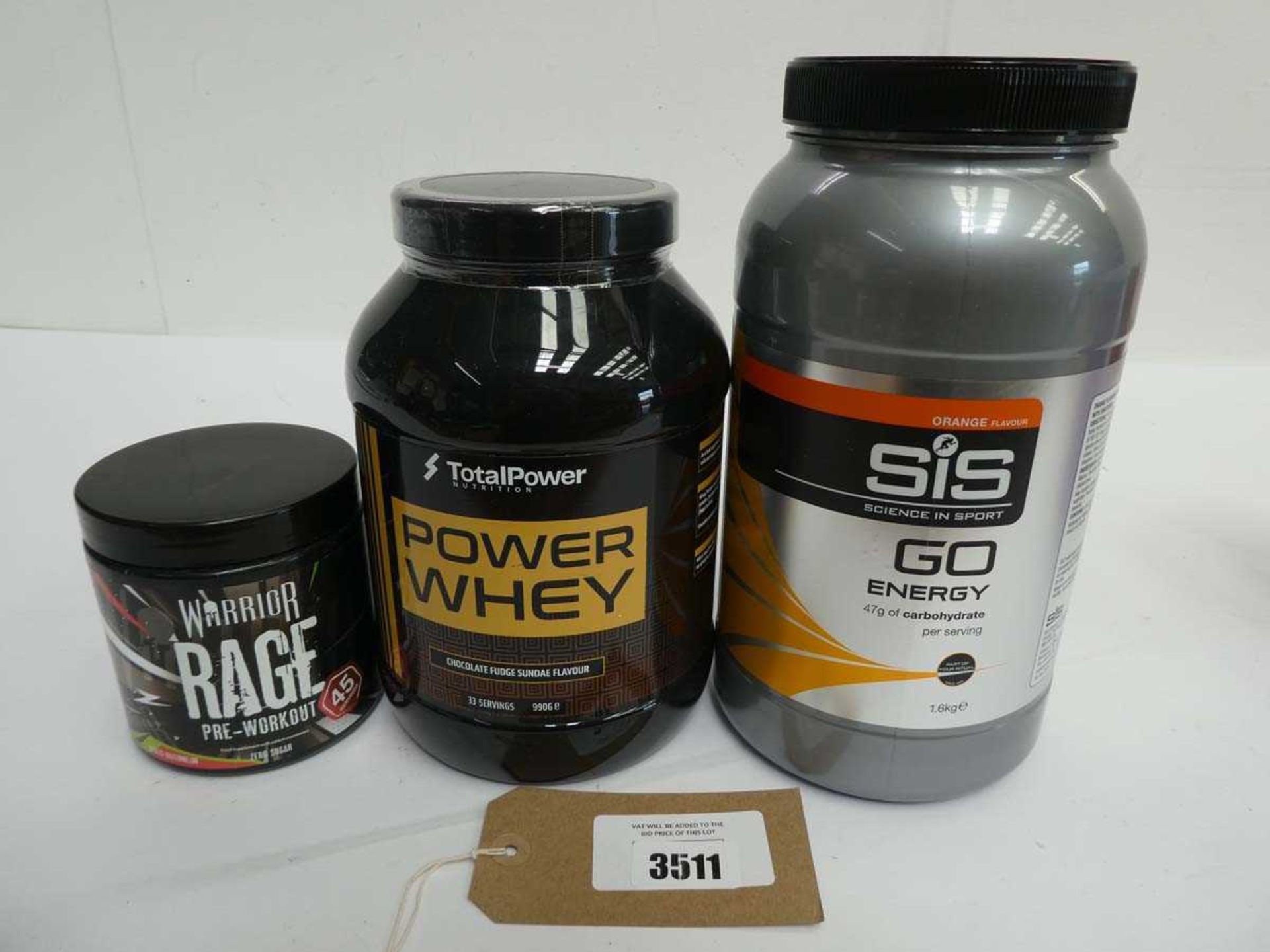 +VAT SIS Go Engery 1.6kg orange flavour, Total Power Whey990g chocolate fudge flavour and Warrior