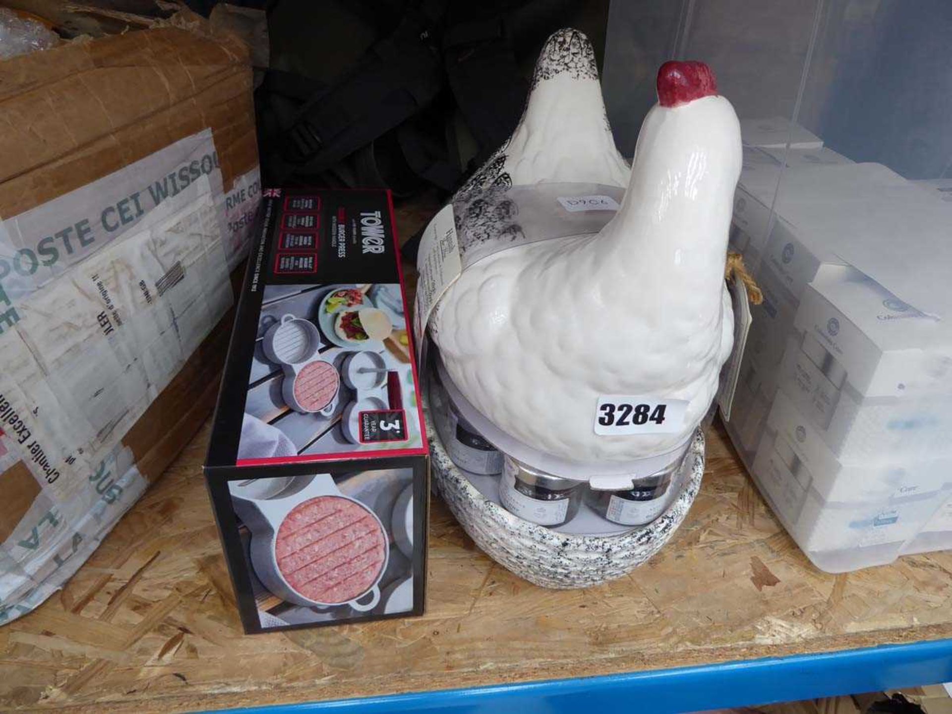 Ceramic chicken containing jams, and Tower double burger press