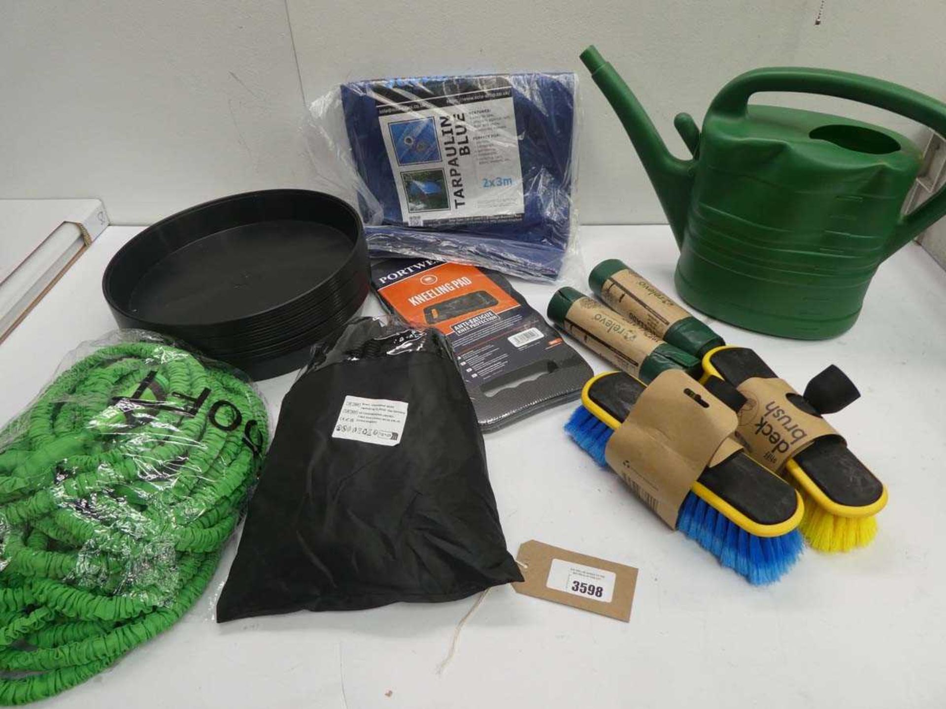 +VAT 2 expanding hoses, watering can, deck brushes, tarpaulin, kneeling pad, flower pot saucers