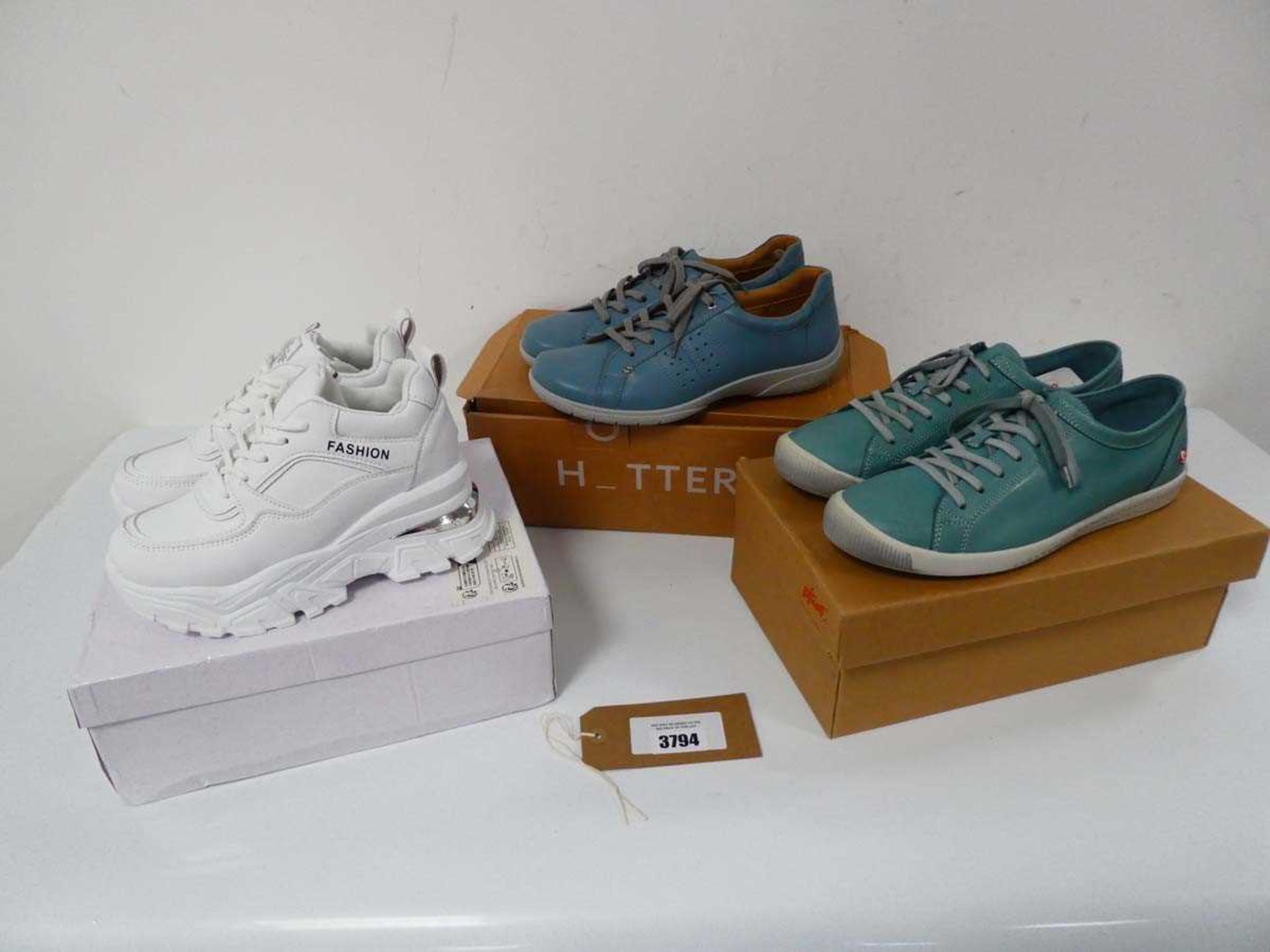 +VAT 3 x Boxed pairs of trainers to include chunky white EU35, Softinos EU43and Hotter UK8