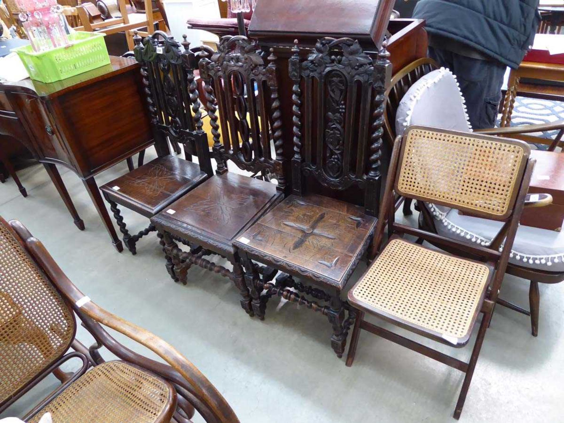 3 carved oak dining chairs with barley twist supports plus a folding chair with bergere seat and