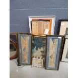 2 x pairs of Chinese cork pictures, prints of farmhouse plus a coastal print, a Chinese scroll and