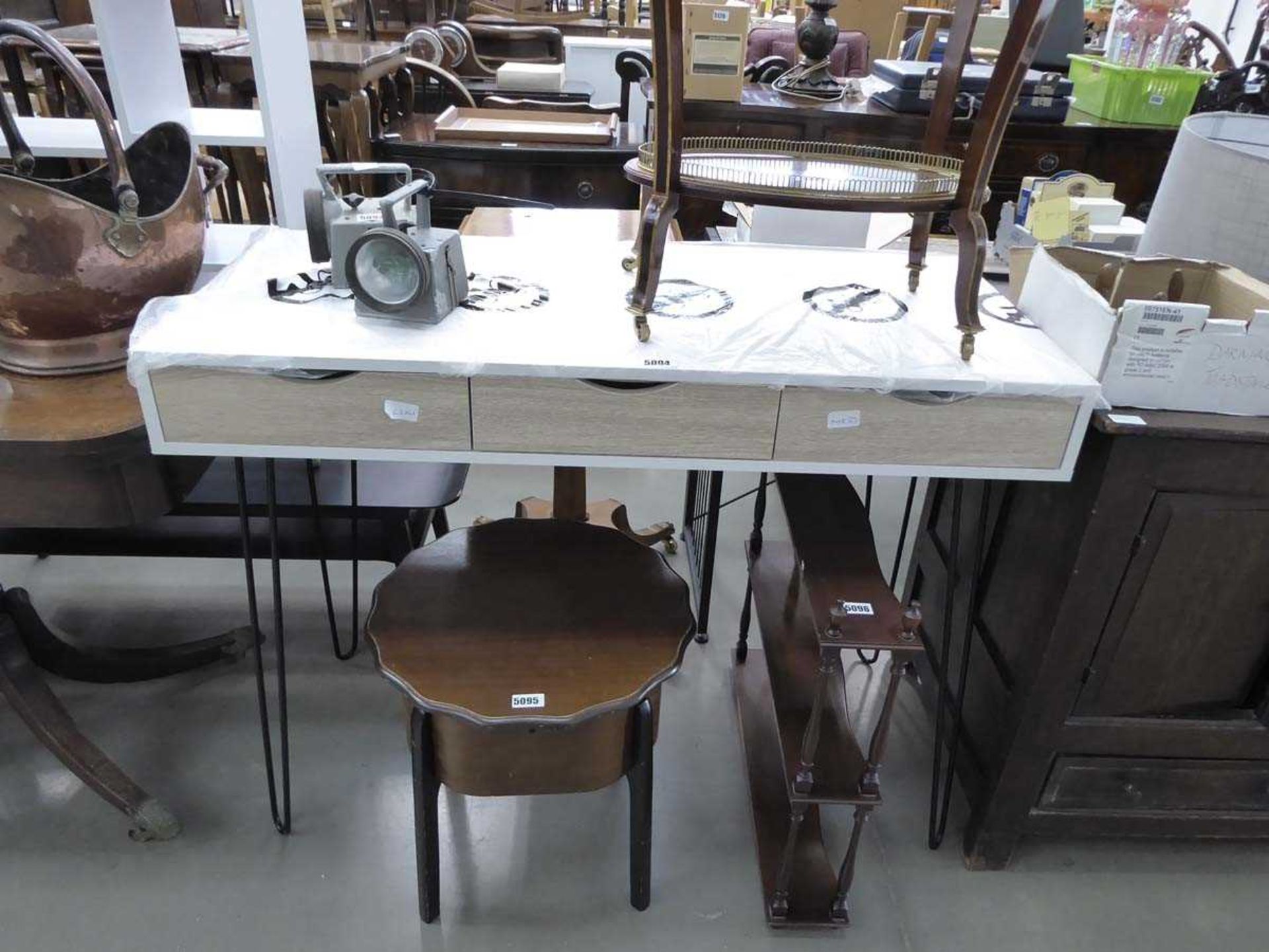 White painted three drawer console table on hairpin supports