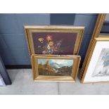 Print of still life with flowers and vase, plus an oil on canvas country scene, hills and stream