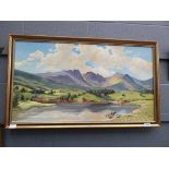 Oil on canvas - mountains, lake and cattle