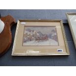 Watercolour winter scene with horses and coach