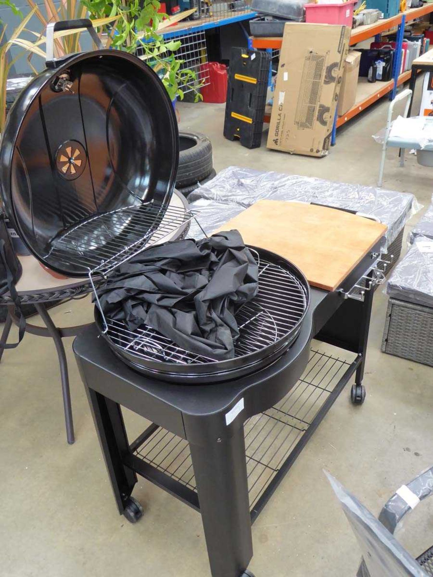 +VAT Large charcoal BBQ on trolley with prep table