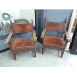 Pair of oak armchairs with leather seats and backrest