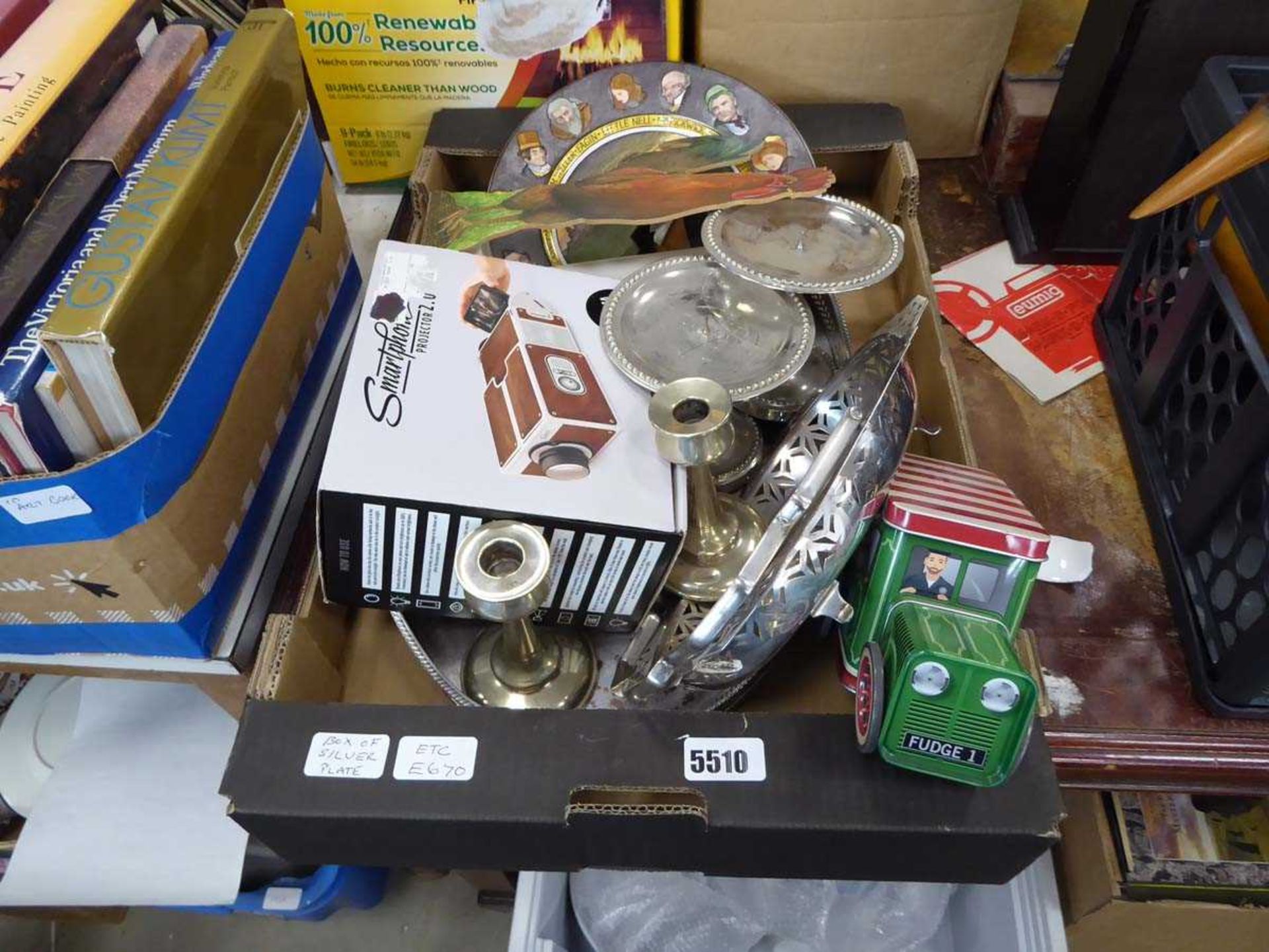 Box of silver plate, a Dickens character plate, and kitchen roll holder