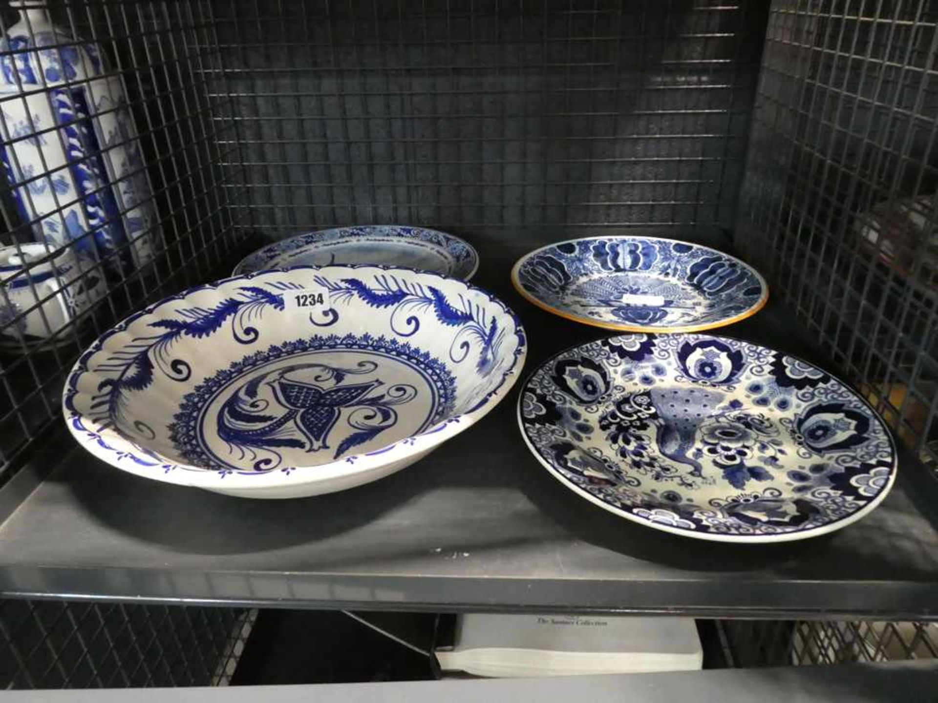 4 blue and white serving platters and plates