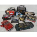 A group of model vehicles including; 2x Jaguar XJ220 by Maisto, Mini Cooper gift set, 1:76 Bedford