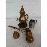 Metalwares including brass spirit kettle, pewter tankard, 3x spirit pourers and a brass bell