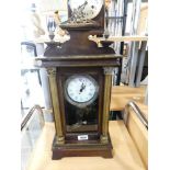 Modern gilt and mahogany effect case mantle clock with floral painted interior