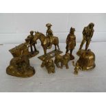 Collection of brass ornaments including airman, Beefeater, cowboy on horse, dustman with cart,