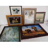 6 pictures including; framed lenticular of elephants, framed limited edition print 214/995 of a