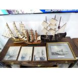 Model wooden ship 'Revenge 1577', 2 unnamed further ships and 4x framed and glazed maritime prints