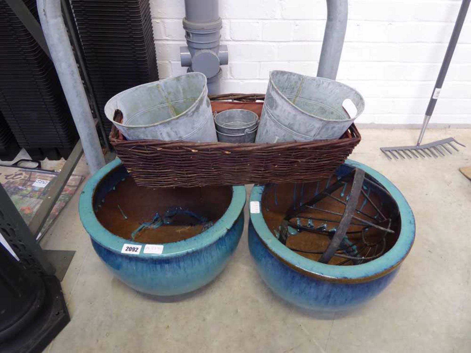 Pair of blue glazed garden pots, together with a metal half planter, 3 galvanised planters and a