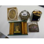 Two small 19th C display cases, one containing miniature book of prayer, a papier mache purse, a