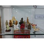 Resin Buddha, soapstone, wooden and other resin oriental figures and carvings, brass incense