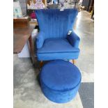 +VAT Modern blue suede upholstered wing back easy chair with matching footstool