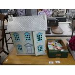 Wooden toy dolls house with box of accessories