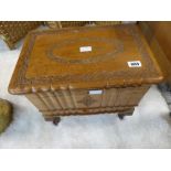 Yew carved work box with single drawer to base